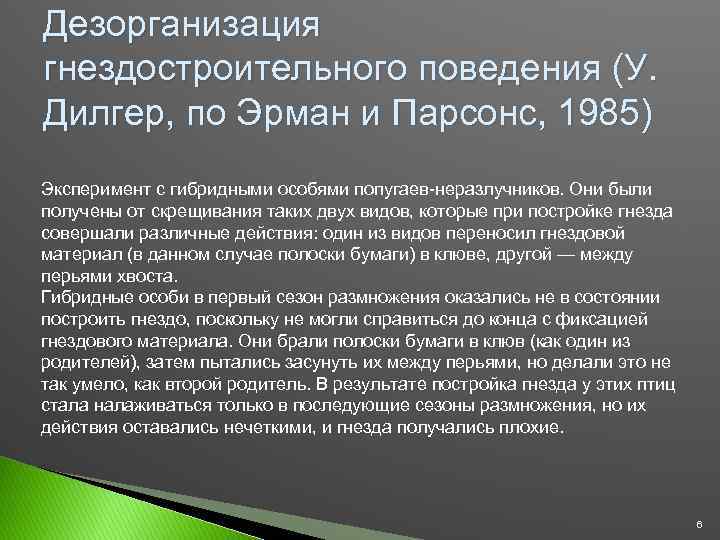 Дезорганизация гнездостроительного поведения (У. Дилгер, по Эрман и Парсонс, 1985) Эксперимент с гибридными особями