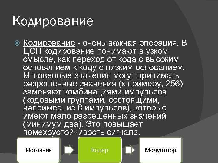 Кодирование - очень важная операция. В ЦСП кодирование понимают в узком смысле, как переход