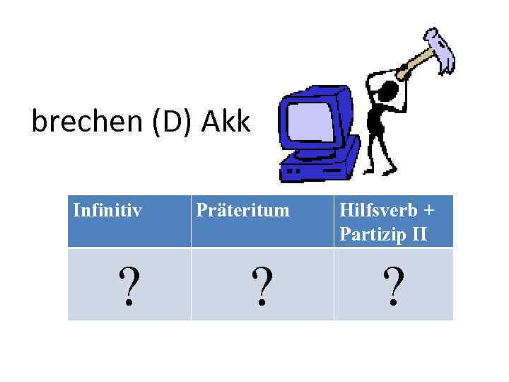 brechen (D) Akk Infinitiv ? Präteritum ? Hilfsverb + Partizip II ? 