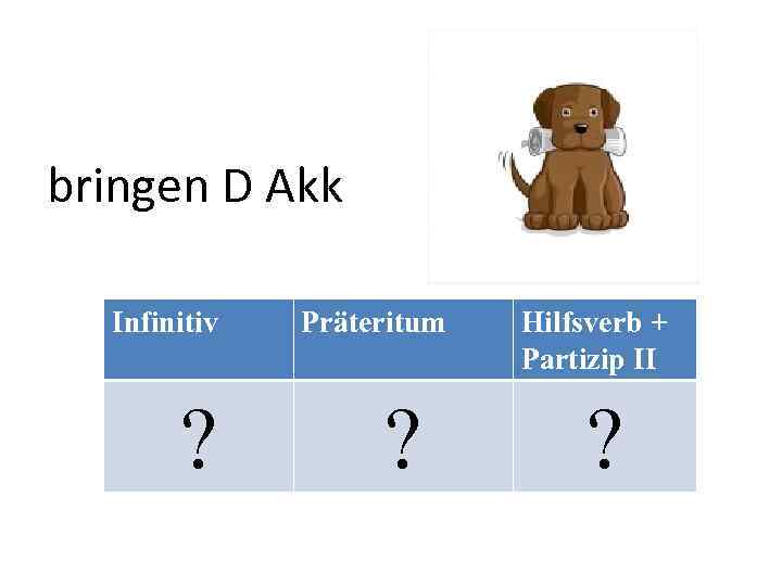 bringen D Akk Infinitiv ? Präteritum ? Hilfsverb + Partizip II ? 