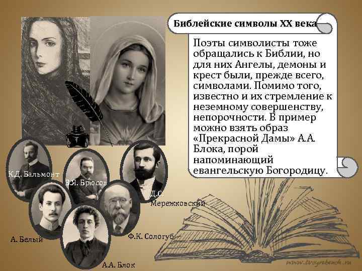 Библейские символы XX века К. Д. Бальмонт Поэты символисты тоже обращались к Библии, но