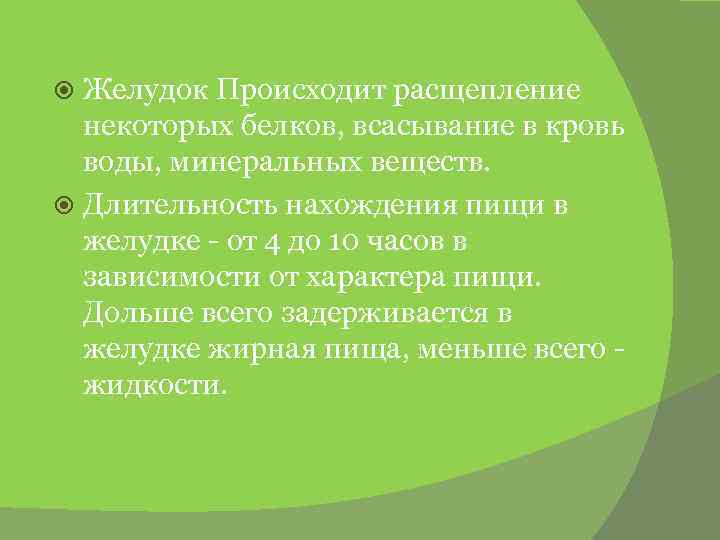 Желудок Происходит расщепление некоторых белков, всасывание в кровь воды, минеральных веществ. Длительность нахождения пищи