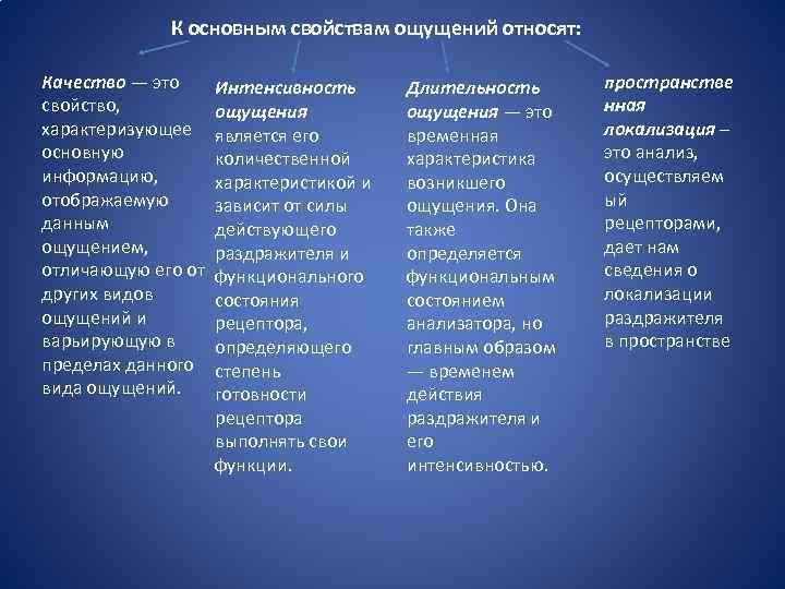 К основным свойствам ощущений относят: Качество — это свойство, характеризующее основную информацию, отображаемую данным
