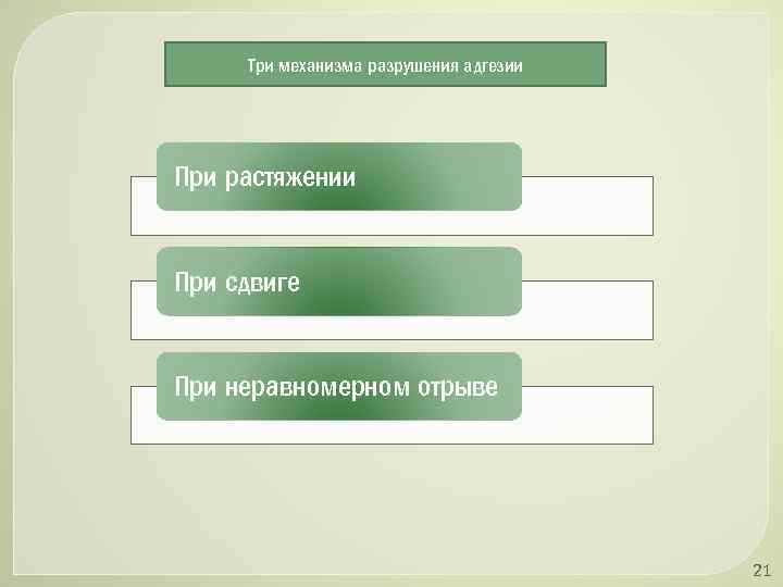 Три механизма разрушения адгезии При растяжении При сдвиге При неравномерном отрыве 21 