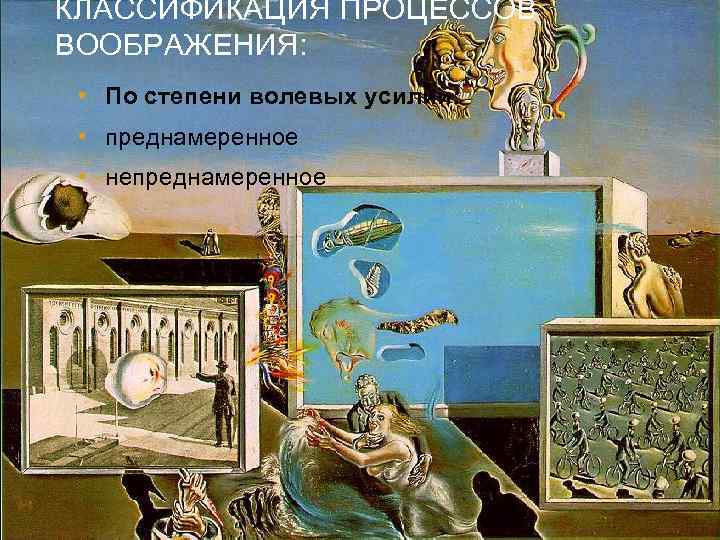 КЛАССИФИКАЦИЯ ПРОЦЕССОВ ВООБРАЖЕНИЯ: • По степени волевых усилий: • преднамеренное • непреднамеренное 