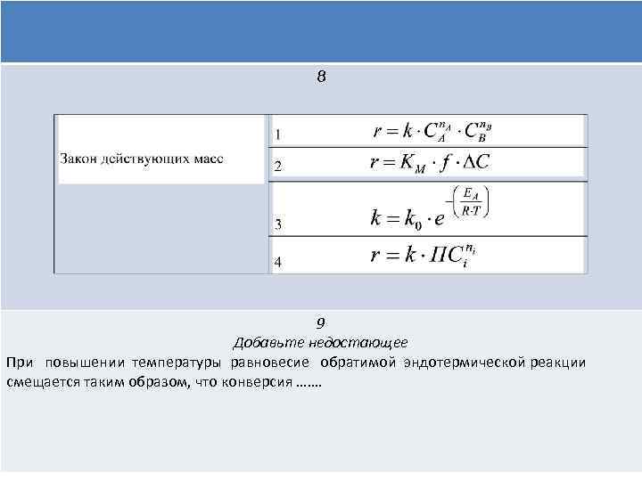 8 9 Добавьте недостающее При повышении температуры равновесие обратимой эндотермической реакции смещается таким образом,