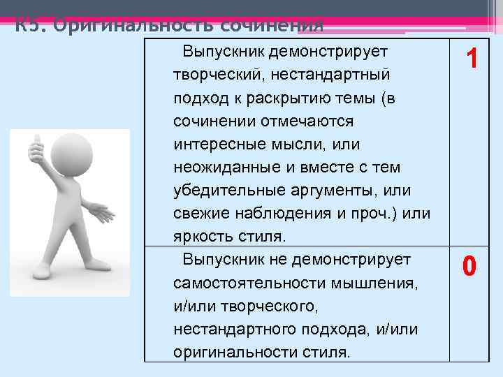 К 5. Оригинальность сочинения Выпускник демонстрирует творческий, нестандартный подход к раскрытию темы (в сочинении