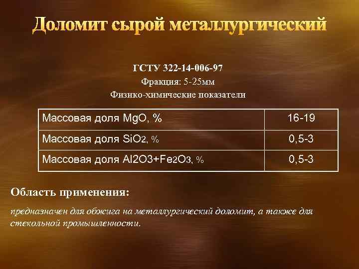 Доломит сырой металлургический ГСТУ 322 -14 -006 -97 Фракция: 5 -25 мм Физико-химические показатели