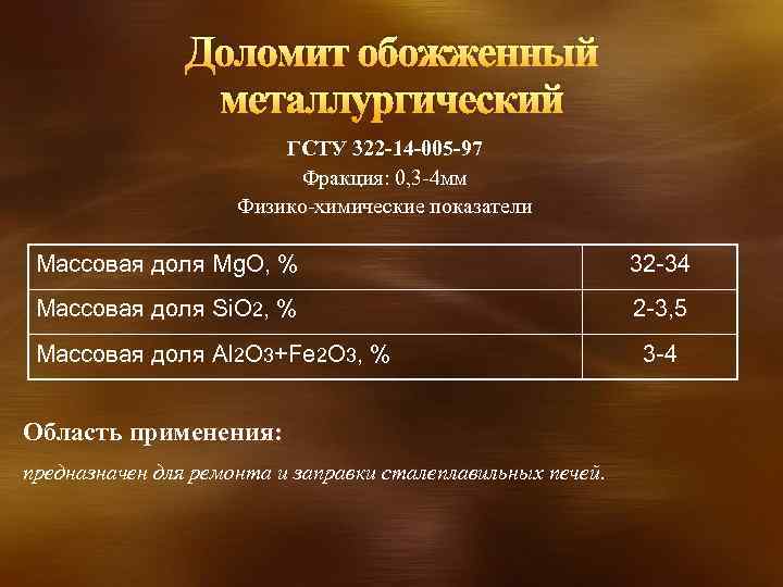 Доломит обожженный металлургический ГСТУ 322 -14 -005 -97 Фракция: 0, 3 -4 мм Физико-химические