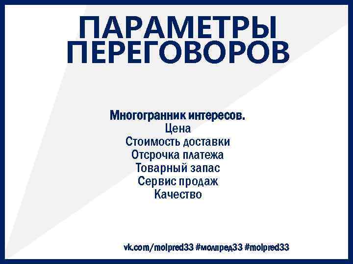 ПАРАМЕТРЫ ПЕРЕГОВОРОВ Многогранник интересов. Цена Стоимость доставки Отсрочка платежа Товарный запас Сервис продаж Качество