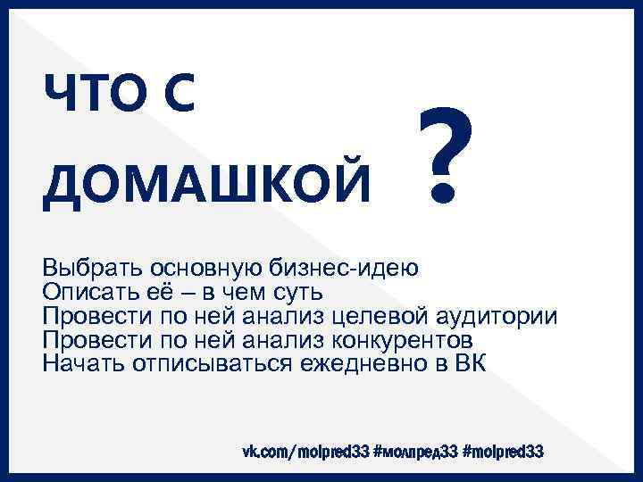 ЧТО С ДОМАШКОЙ ? Выбрать основную бизнес-идею Описать её – в чем суть Провести