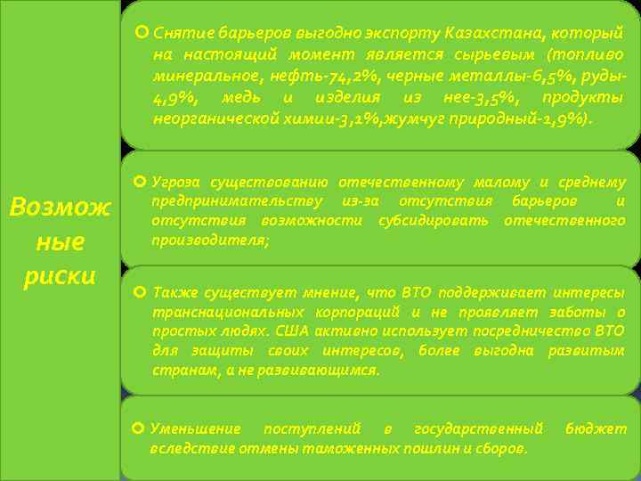  Снятие барьеров выгодно экспорту Казахстана, который на настоящий момент является сырьевым (топливо минеральное,