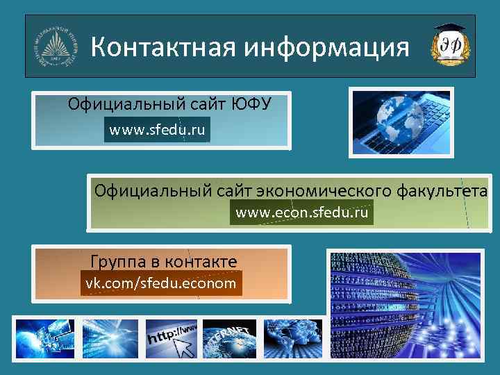 Контактная информация Официальный сайт ЮФУ www. sfedu. ru Официальный сайт экономического факультета www. econ.