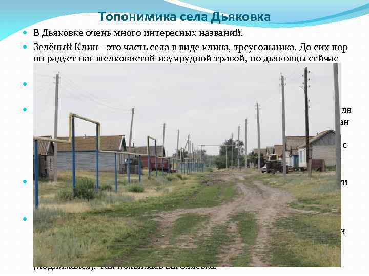 Топонимика села Дьяковка В Дьяковке очень много интересных названий. Зелёный Клин - это часть