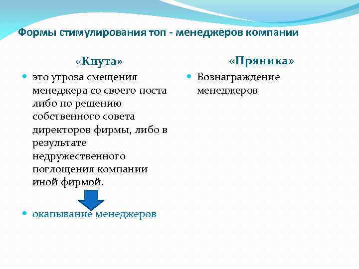 Формы стимулирования топ - менеджеров компании «Кнута» это угроза смещения менеджера со своего поста