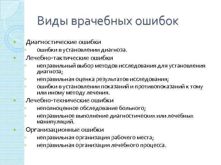 Виды врачебных ошибок Диагностические ошибки ◦ Лечебно-тактические ошибки ◦ ◦ ◦ неправильный выбор методов