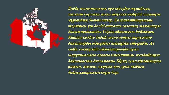 Елдің экономикалық өркендеуіне мұнай-газ, қызмет көрсету және тау-кен өндірісі салалары мұрындық болып отыр. Ел