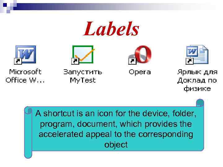 Labels A shortcut is an icon for the device, folder, program, document, which provides