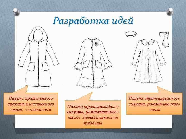 Разработка идей Пальто приталенного силуэта, классического стиля, с капюшоном Пальто трапециевидного силуэта, романтического стиля.