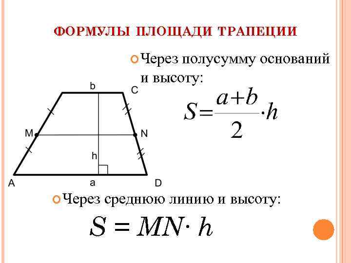 Площадь боковой стороны трапеции. Формула нахождения площади трапеции со средней линией. Площадь сечения равнобедренной трапеции. Формула нахождения основания трапеции по средней линии. Формулы площади трапеции и средняя линия трапеции.