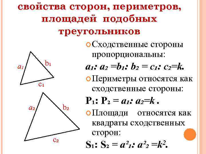 свойства сторон, периметров, площадей подобных треугольников Сходственные стороны пропорциональны: b₁ a₁ a₁: a₂ =b₁: