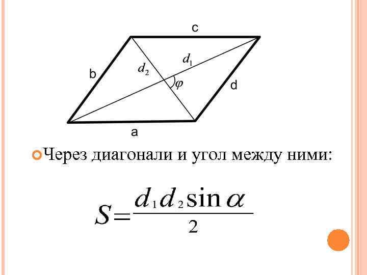 Формула диагонали угла. Площадь через диагонали. Площадь треугольника через диагонали. Площадь nhteujkmybrfчерез диагональ. Формула площади через диагонали.