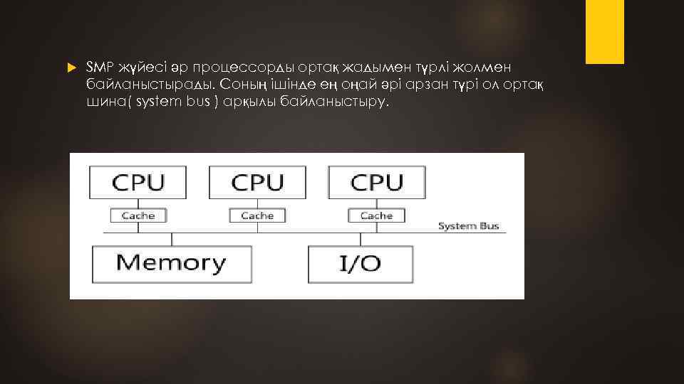  SMP жүйесі әр процессорды ортақ жадымен түрлі жолмен байланыстырады. Соның ішінде ең оңай