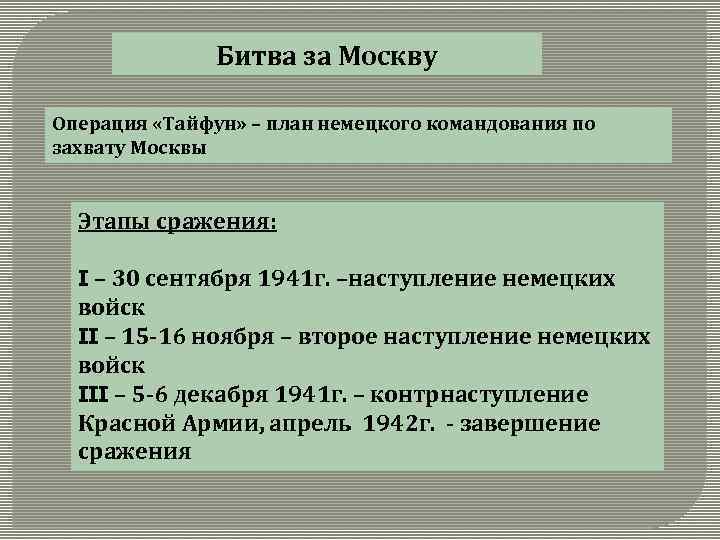 Битва за Москву Операция «Тайфун» – план немецкого командования по захвату Москвы Этапы сражения: