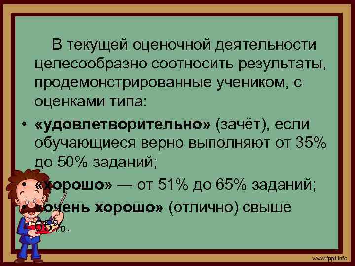 В текущей оценочной деятельности целесообразно соотносить результаты, продемонстрированные учеником, с оценками типа: • «удовлетворительно»