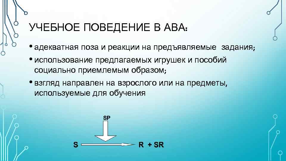 УЧЕБНОЕ ПОВЕДЕНИЕ В АВА: • адекватная поза и реакции на предъявляемые задания; • использование