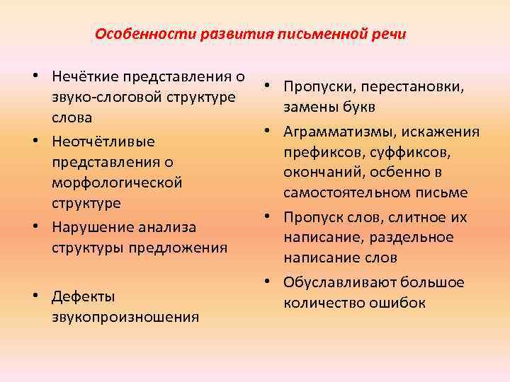 Особенности развития письменной речи • Нечёткие представления о звуко-слоговой структуре слова • Неотчётливые представления