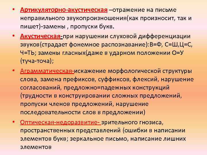  • Артикуляторно-акустическая –отражение на письме неправильного звукопроизношения(как произносит, так и пишет)-замены , пропуски