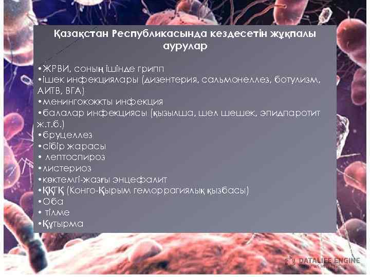 Қазақстан Республикасында кездесетін жұқпалы аурулар • ЖРВИ, соның ішінде грипп • ішек инфекциялары (дизентерия,