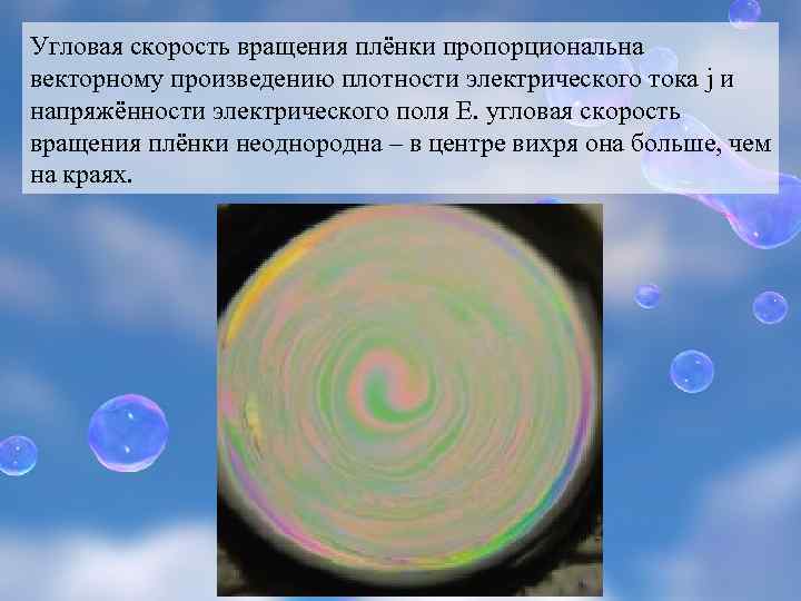Угловая скорость вращения плёнки пропорциональна векторному произведению плотности электрического тока j и напряжённости электрического