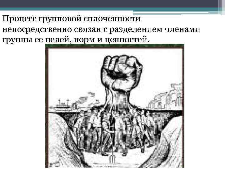 Процесс групповой сплоченности непосредственно связан с разделением членами группы ее целей, норм и ценностей.