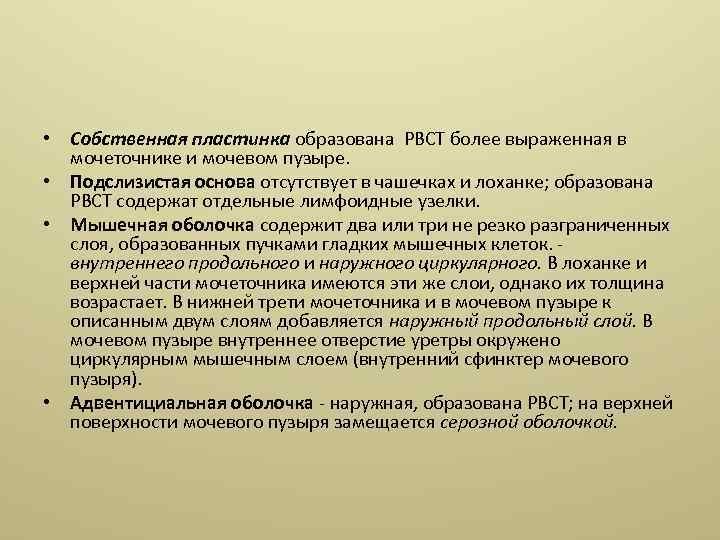  • Собственная пластинка образована РВСТ более выраженная в мочеточнике и мочевом пузыре. •