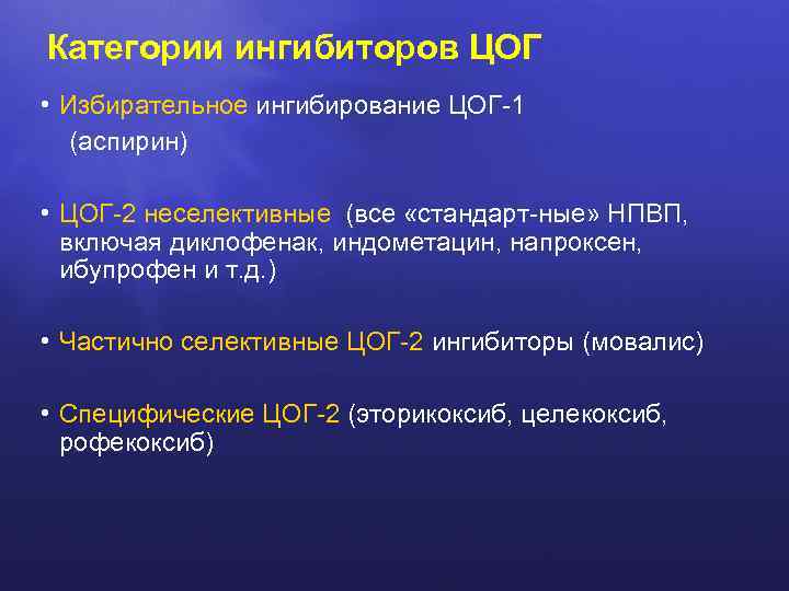 Категории ингибиторов ЦОГ • Избирательное ингибирование ЦОГ-1 (аспирин) • ЦОГ-2 неселективные (все «стандарт-ные» НПВП,