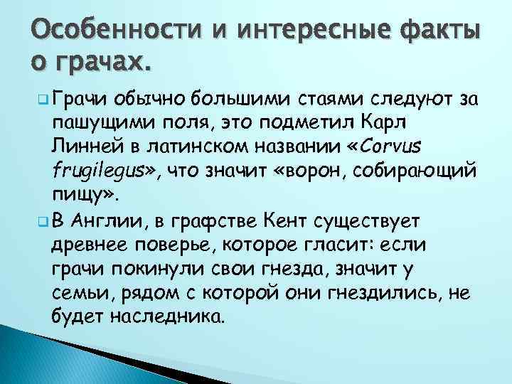 Особенности и интересные факты о грачах. q Грачи обычно большими стаями следуют за пашущими