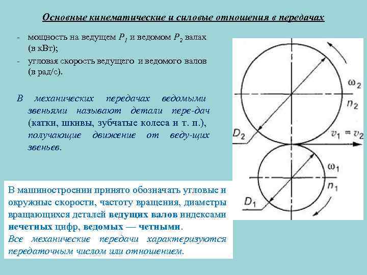 Основные кинематические и силовые отношения в передачах мощность на ведущем Р 1 и ведомом