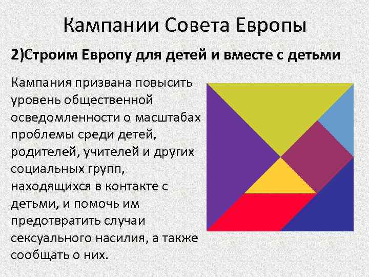 Кампании Совета Европы 2)Строим Европу для детей и вместе с детьми Кампания призвана повысить