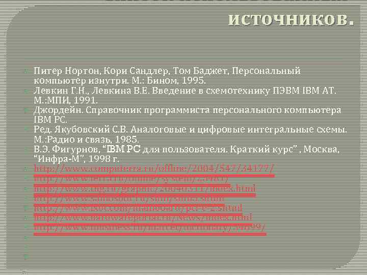 Список использованных источников. Питер Нортон, Кори Сандлер, Том Баджет, Персональный компьютер изнутри. М. :