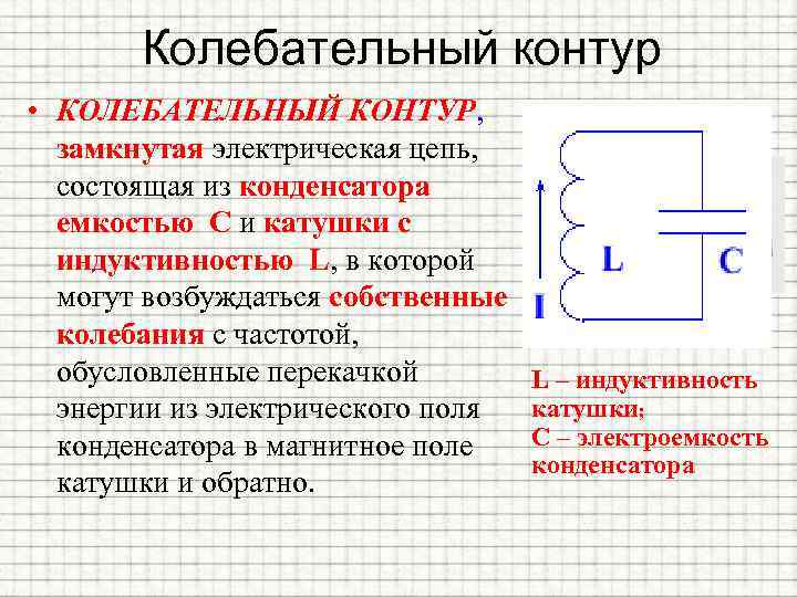 Колебательный контур • КОЛЕБАТЕЛЬНЫЙ КОНТУР, замкнутая электрическая цепь, состоящая из конденсатора емкостью С и