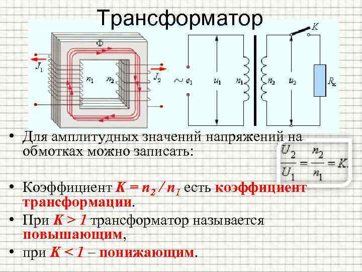 Трансформатор • Для амплитудных значений напряжений на обмотках можно записать: • Коэффициент K =