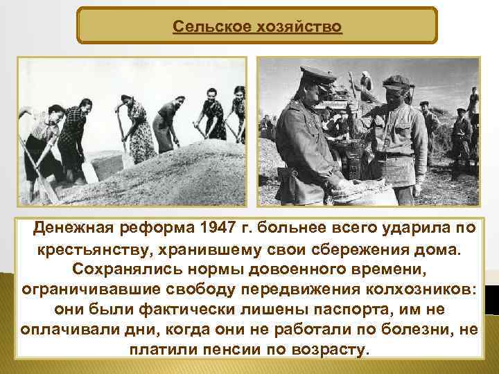 Сельское хозяйство Денежная реформа 1947 г. больнее всего ударила по крестьянству, хранившему свои сбережения