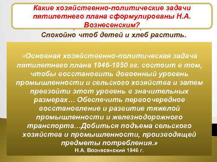 Какие хозяйственно-политические задачи Развитие промышленности пятилетнего плана сформулированы Н. А. Четыре Вознесенским? ждали, долгих