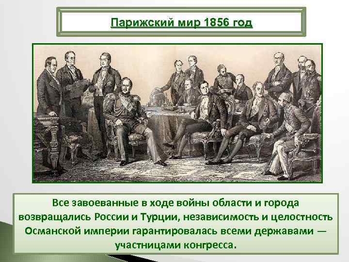 Парижский мир 1856 год Все завоеванные в ходе войны области и города возвращались России
