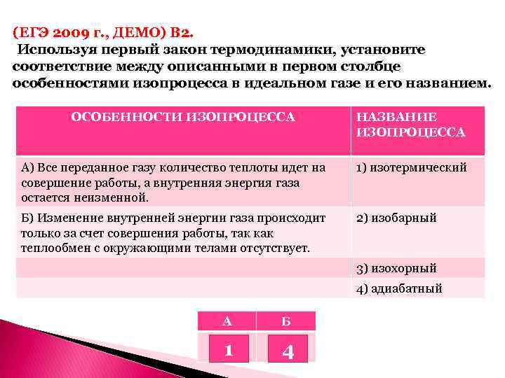(ЕГЭ 2009 г. , ДЕМО) В 2. Используя первый закон термодинамики, установите соответствие между