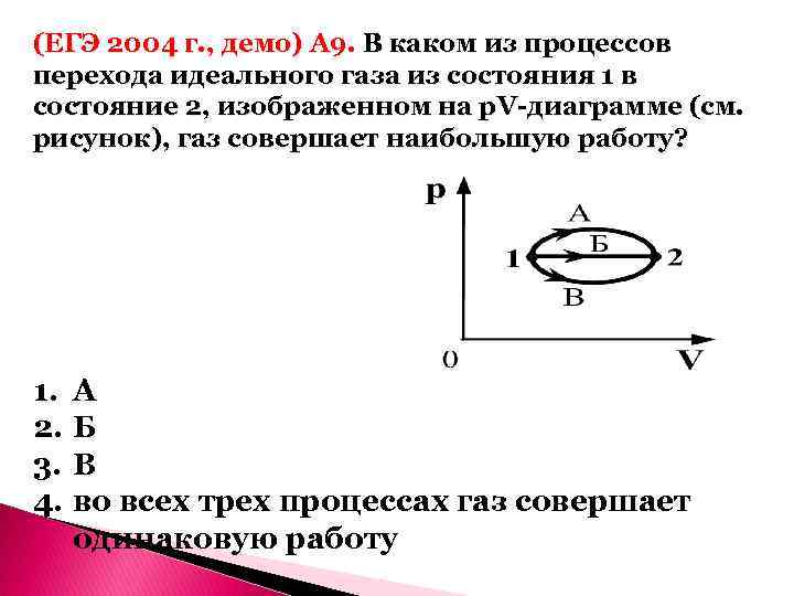 (ЕГЭ 2004 г. , демо) А 9. В каком из процессов перехода идеального газа