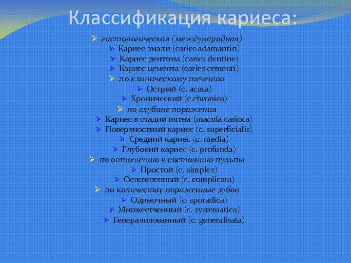 Классификация кариеса: Ø гистологическая (международная) Ø Кариес эмали (caries adamantin) Ø Кариес дентина (caries