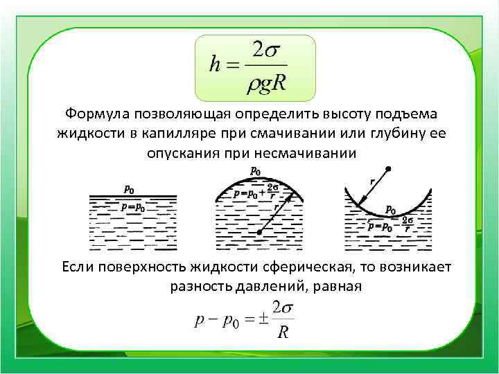 Формула позволяющая определить высоту подъема жидкости в капилляре при смачивании или глубину ее опускания